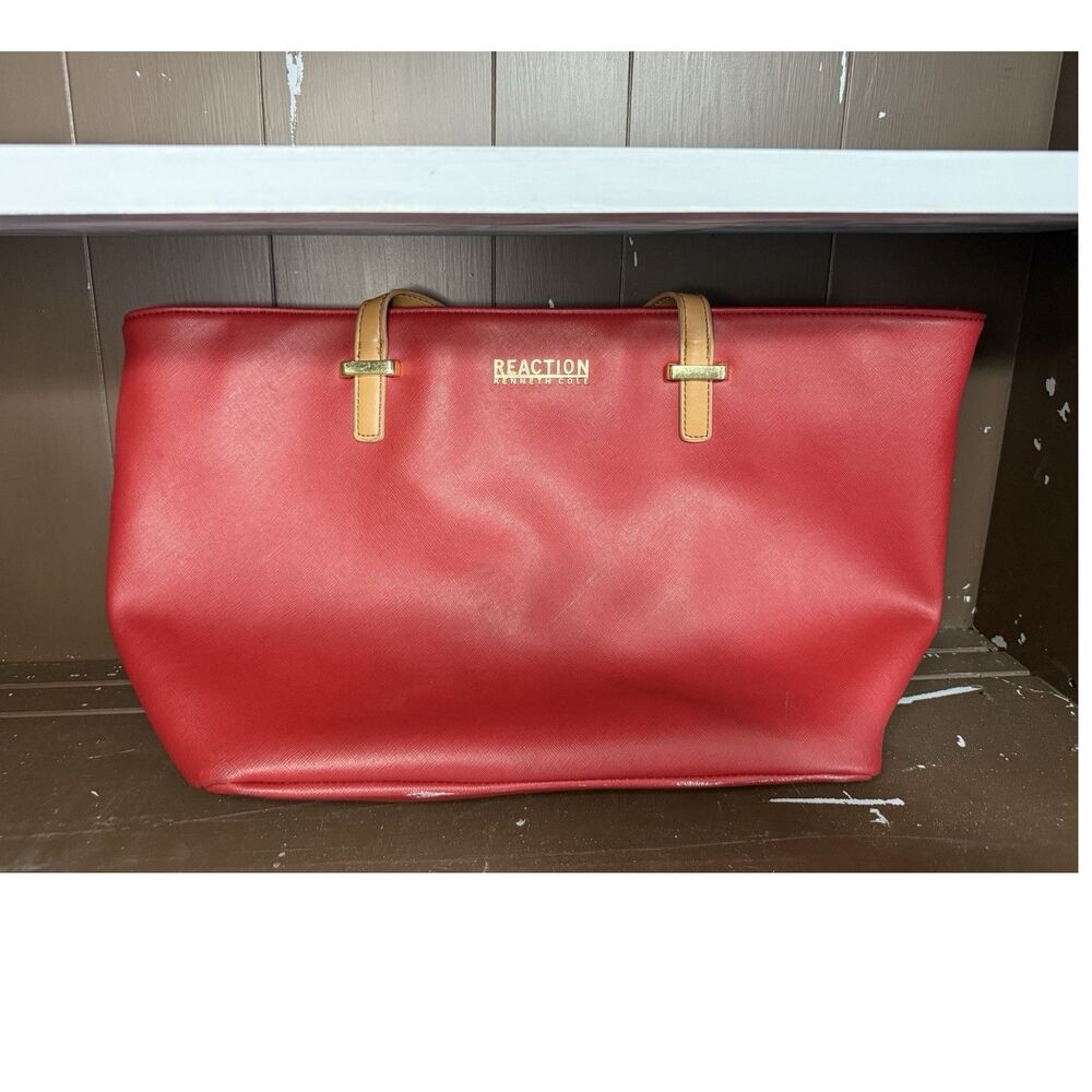 Kenneth Cole Reaction Red Tote Bag Gold Hardware Beige Double Handles Pockets